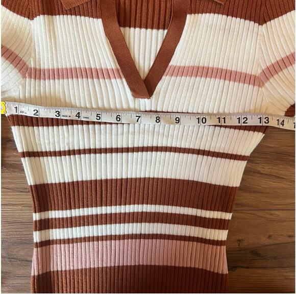 Brown White Pink Ribbed Striped Sweater Dress V-Neck Collared Bodycon Size XL - Picture 9 of 12